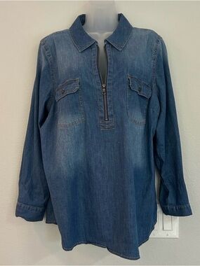 Denim&Co Blue Denim Zip-Pullover Shirt Size XL